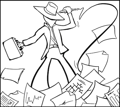Black and white cartoon of an adventurous figure in a broad-brimmed hat, who wields a fountain pen with a long plume of ink as a whip. Pages of charts and graphs flutter around the figure's feet.